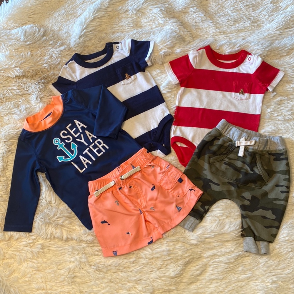 6 Month Carter’s Swim Set, Gap 0-3 Month Onesies Blue& Red Stripes, Gap 0-3 Camo